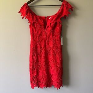 ASTR THE LABEL RED FLORAL CROCHET BODYCON MINI DRESS RED SIZE SMALL